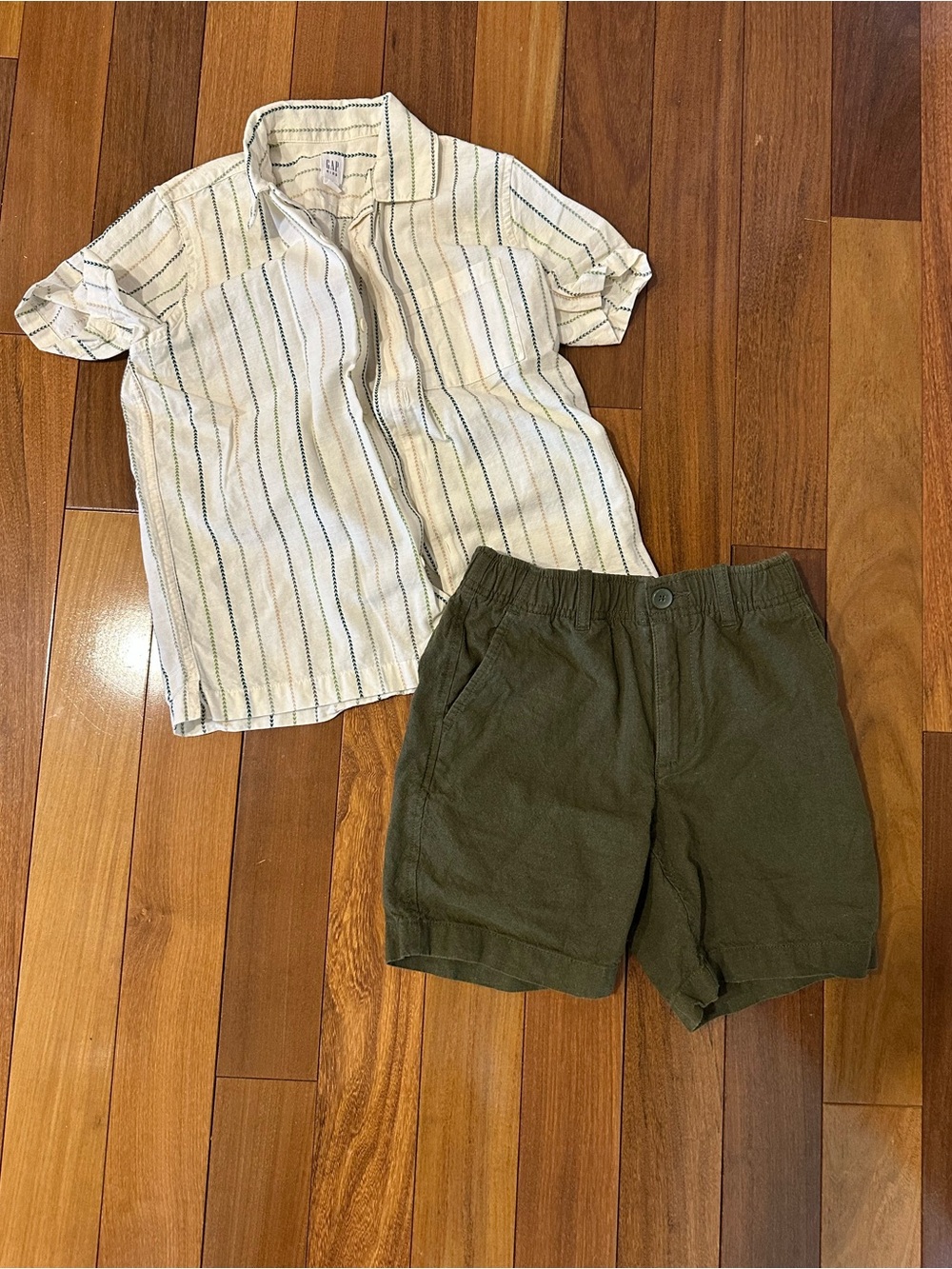 Boys Olive Green shorts and button down shirt